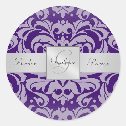 Elegante Paarse Damast Monogram Bruiloft Sticker (Voorkant)