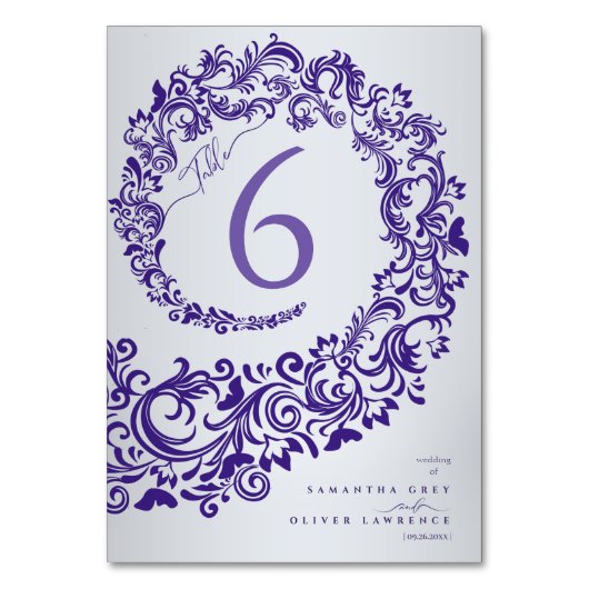 Elegante paarse damast tafelnummerkaart voor de br kaart (Voorkant)