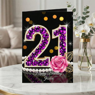 Elegante Paarse Diamant Parel Roos 21e Verjaardag Kaart