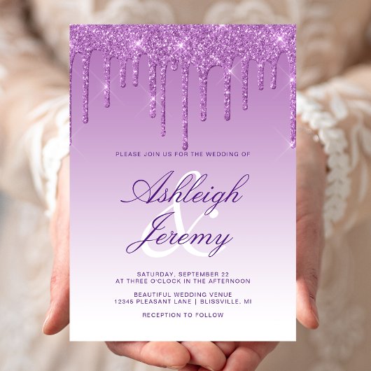 Elegante Paarse Drip Glitter Script Bruiloft Kaart