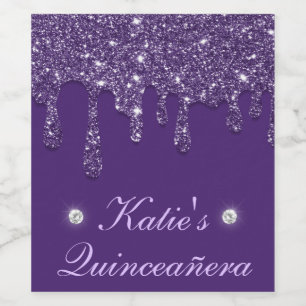 Elegante Paarse Dripping Glitter Quinceanera Wijn Etiket