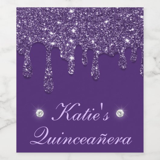 Elegante Paarse Dripping Glitter Quinceanera Wijn Etiket (Enkel label)