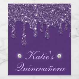 Elegante paarse druipende glitter Quinceanera Wijn Etiket