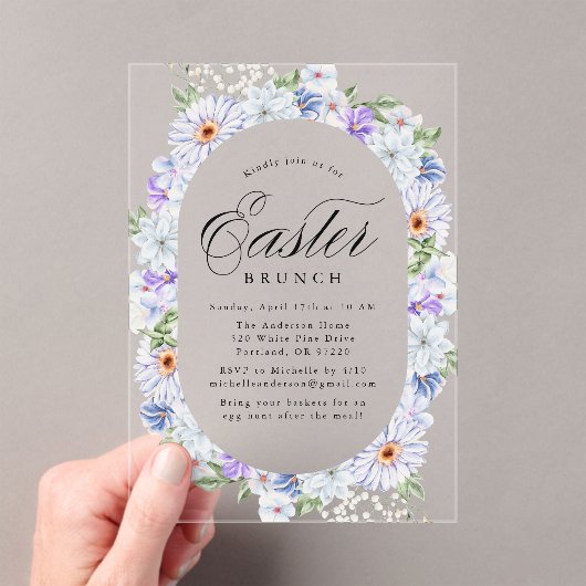 Elegante Paarse en Blauwe Bloemen Paasbrunch Acryl Uitnodigingen (Insitu (Draagbaar))