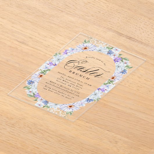 Elegante Paarse en Blauwe Bloemen Paasbrunch Acryl Uitnodigingen (Laagn)
