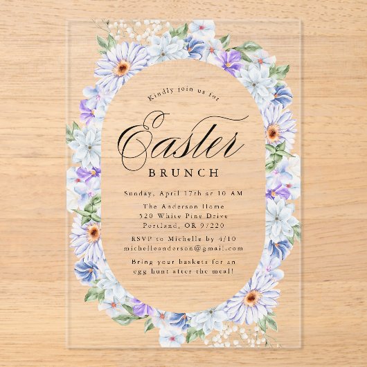 Elegante Paarse en Blauwe Bloemen Paasbrunch Acryl Uitnodigingen (Voorkant)