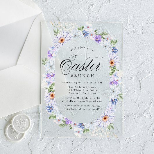 Elegante Paarse en Blauwe Bloemen Paasbrunch Acryl Uitnodigingen