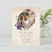 Elegante paarse en bruine rustieke bloemen bruilof kaart (Staand voorkant)
