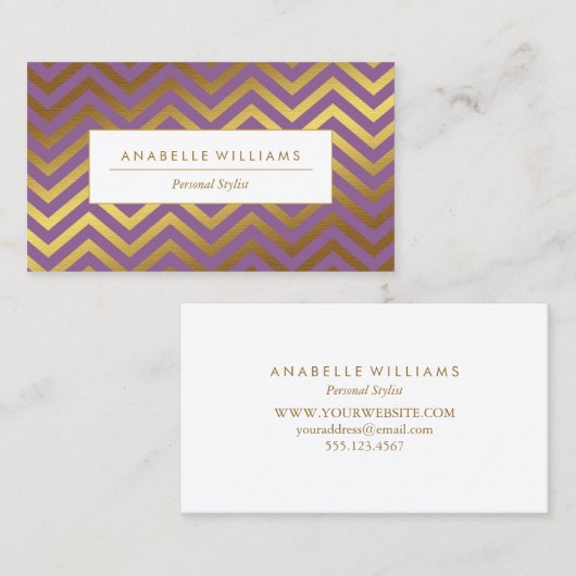 Elegante Paarse en Faux Gold Foil Chevrons Visitekaartje (Voorkant / Achterkant)