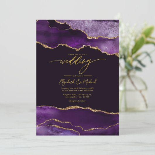 Elegante Paarse en gouden agaat bruiloft QR-code Kaart (Staand voorkant)