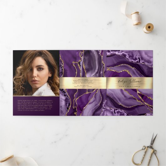 Elegante Paarse en Gouden Agaat Trifold Brochure Drieluik Kaart (Buitenkant)