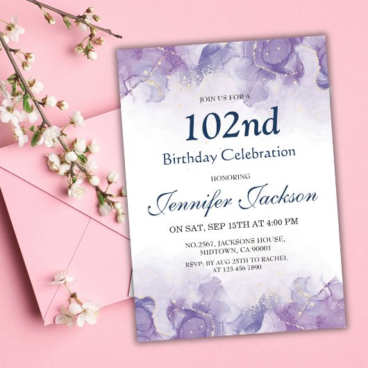 Elegante paarse en gouden bloemen 102e verjaardag kaart
