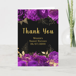 Elegante paarse en gouden bloemen Sweet Sixteen Bedankkaart