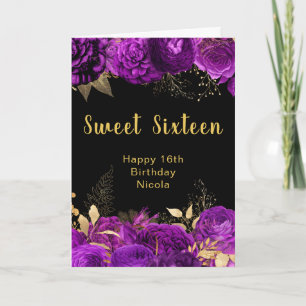 Elegante paarse en gouden bloemen Sweet Sixteen Kaart