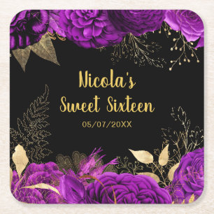 Elegante paarse en gouden bloemen Sweet Sixteen Kartonnen Onderzetters