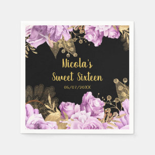 Elegante paarse en gouden bloemen Sweet Sixteen Servet