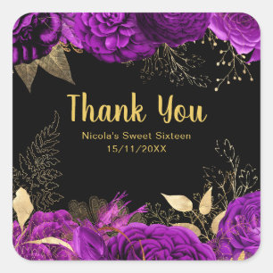 Elegante paarse en gouden bloemen Sweet Sixteen Vierkante Sticker