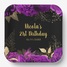 Elegante paarse en gouden bloemen verjaardagsfeest