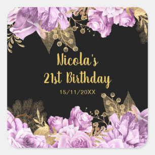 Elegante paarse en gouden bloemen verjaardagsfeest vierkante sticker