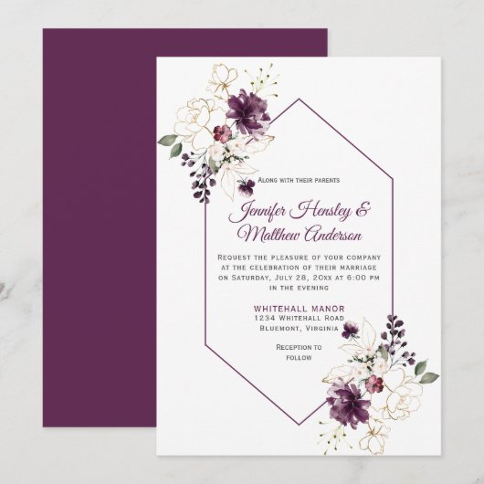 Elegante Paarse en gouden bloemige ingelijste brui Kaart (Voorkant / Achterkant)