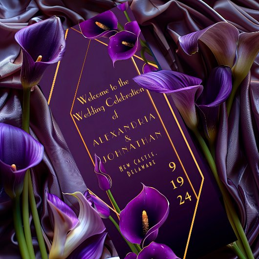Elegante Paarse en gouden Calla Lily bruiloft Programmakaart