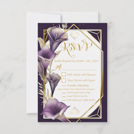 Elegante Paarse en gouden Calla Lily RSVP bruiloft (Voorkant)