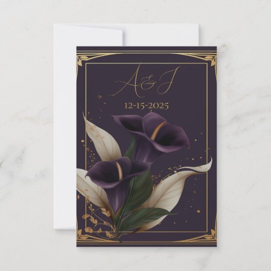 Elegante Paarse en gouden Calla Lily RSVP bruiloft (Achterkant)