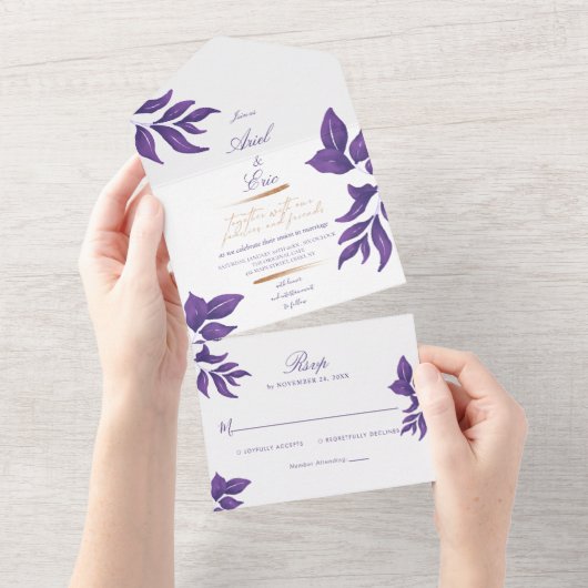 Elegante Paarse en gouden Eucalyptus bruiloft All In One Uitnodiging (Afscheurbaar)