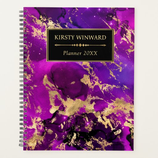 Elegante paarse en gouden Galaxy marmeren monogram Planner (Voorkant)