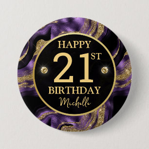Elegante Paarse en Gouden Glitter Agate Verjaardag Ronde Button 7,6 Cm