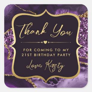 Elegante Paarse en Gouden Glitter Agate Verjaardag Vierkante Sticker
