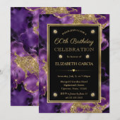 Elegante Paarse en gouden Glitter Ink 60th Verjaar Kaart (Voorkant / Achterkant)