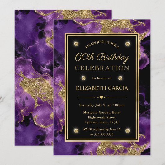 Elegante Paarse en gouden Glitter Ink 60th Verjaar Kaart (Voorkant / Achterkant)