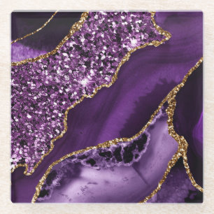 Elegante Paarse en Gouden Glitter Oceaan Agate Glazen Onderzetter