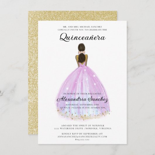 Elegante Paarse en gouden Glitter Quinceanera Kaart (Voorkant / Achterkant)