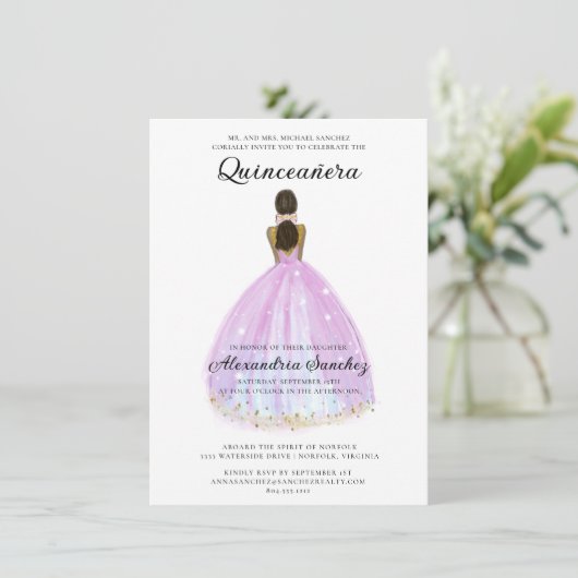 Elegante Paarse en gouden Glitter Quinceanera Kaart (Staand voorkant)