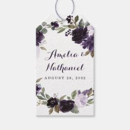 Elegante Paarse en gouden groene bloemenbruiloft g Cadeaulabel