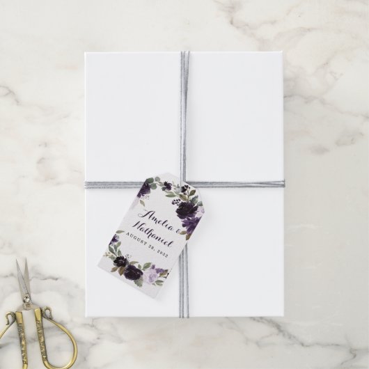 Elegante Paarse en gouden groene bloemenbruiloft g Cadeaulabel (Met Touw)