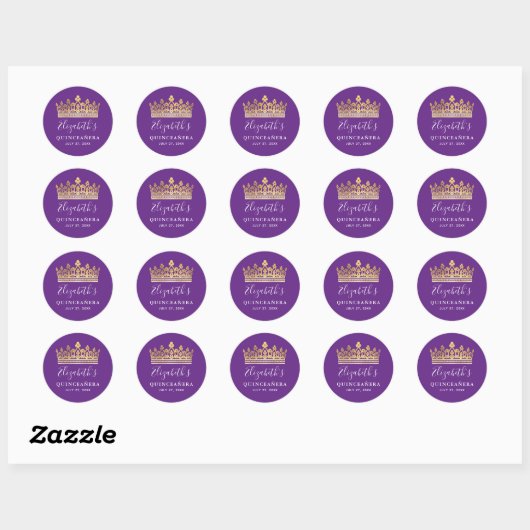 Elegante Paarse en Gouden Kroon Ronde Sticker (Vel)