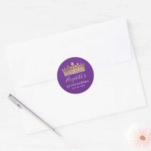 Elegante Paarse en Gouden Kroon Ronde Sticker (Envelop)