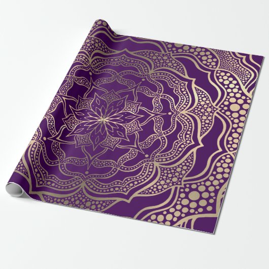 Elegante paarse en gouden mandala donkere boho blo cadeaupapier (Uitgerold)