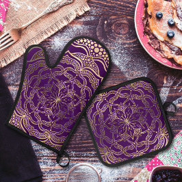 Elegante paarse en gouden mandala donkere boho blo ovenwant & pannenlap set