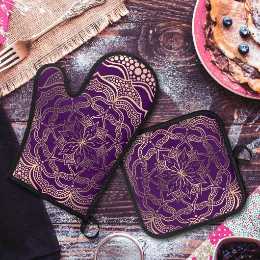 Elegante paarse en gouden mandala donkere boho blo ovenwant & pannenlap set