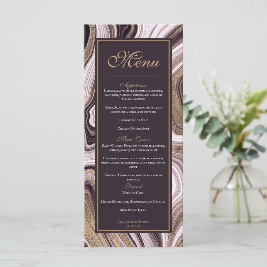 Elegante Paarse en gouden marmeren bruiloft Menu (Staand voorkant)