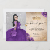 Elegante Paarse en gouden Quinceañera Foto Verjaar Bedankkaart (Voorkant)