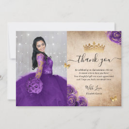 Elegante Paarse en gouden Quinceañera Foto Verjaar Bedankkaart
