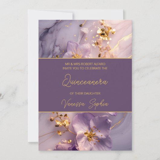 Elegante Paarse en gouden Quinceañera-uitnodiging Kaart (Voorkant)