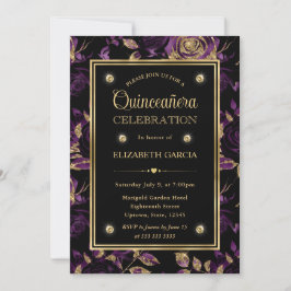 Elegante Paarse en Gouden Roos Bloemige Quinceaner Kaart