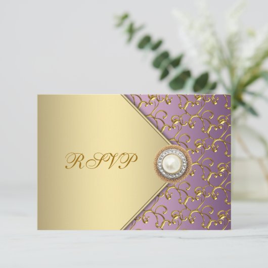 Elegante Paarse en gouden RSVP-Sjabloon RSVP Kaartje (Staand voorkant)