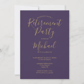Elegante Paarse en gouden script pensioenpartij Kaart (Voorkant)